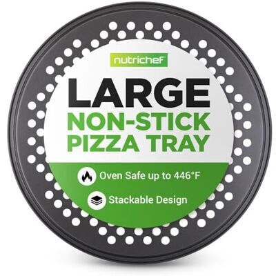 NutriChef Pizzaplaat, 32 cm, geperforeerd, antiaanbaklaag, koolstofstaal, bakplaat met siliconen handgreep, grijs NutriChef Pizzaplaat, 32 cm, geperforeerd, antiaanbaklaag, koolstofstaal, bakplaat met siliconen handgreep, grijs