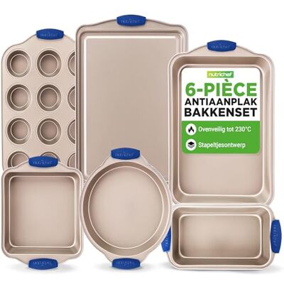 Nutrichef Bakvormen Set 6-delige Anti-aanbak Bakplaten van Koolstofstaal Hittebestendige Siliconen Handvatten Inclusief Broodvorm,Muffinvorm,Ronde/Vierkante Braadpannen,Bakplaat Nutrichef Bakvormen Set 6-delige Anti-aanbak Bakplaten van Koolstofstaal Hittebestendige Siliconen Handvatten Inclusief Broodvorm,Muffinvorm,Ronde/Vierkante Braadpannen,Bakplaat
