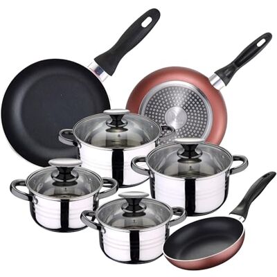 San Ignacio Kookgerei, 4 pannen (1,9 l + 2,7 l + 3,5 l + 5,1 l) met 4 glazen deksels en 3 pannen Ø 16 Ø 20 Ø 24 van roestvrij staal, geschikt voor inductie San Ignacio Kookgerei, 4 pannen (1,9 l + 2,7 l + 3,5 l + 5,1 l) met 4 glazen deksels en 3 pannen Ø 16 Ø 20 Ø 24 van roestvrij staal, geschikt voor inductie