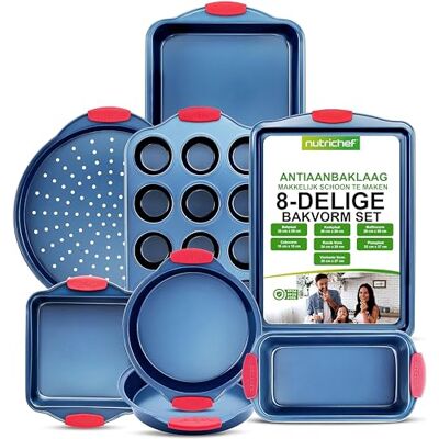 NutriChef Bakvormenset 8-delige Anti-aanbak Koolstofstaal Bakgerei Siliconen Handvatten -Bakset- Inclusief Pizzapan, Broodpan, Muffinvormen, Ronde/Vierkante Pannen en Bakplaat Blauw NutriChef Bakvormenset 8-delige Anti-aanbak Koolstofstaal Bakgerei Siliconen Handvatten -Bakset- Inclusief Pizzapan, Broodpan, Muffinvormen, Ronde/Vierkante Pannen en Bakplaat Blauw