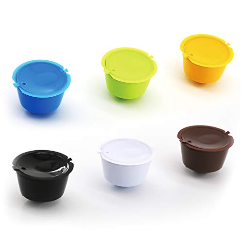 Shalwinn 6 stuks koffiecapsules, vervangende koffiecapsules, met lepel en borstel, herbruikbare navulbare Dolce Gusto filterkoffiecapsule voor keuken, kantoor, outdoor, 6 kleuren