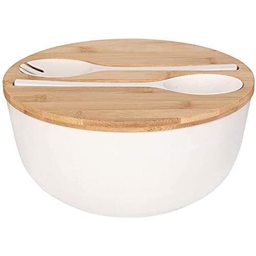 XUEJUN Saladekom met serverset Grote 24,8 cm mengkommen massief bamboe salade houten schaal met bamboe deksel lepel voor fruit, salades en decoratie (wit, 9,8 inch)