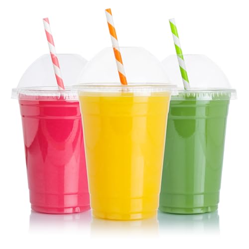 CHEF ROYALE 25 x 350 ml Plastic Smoothie Cups met Dome Deksels Herbruikbare Plastic Cups met Deksels Smoothie Cup met Deksels voor Smoothies en Milkshakes Recyclebare & Wegwerp Cups (25, 12 oz)