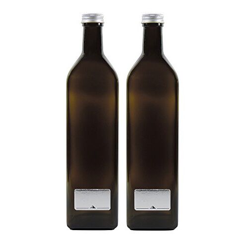 mikken 2 x groen-bruine glazen fles 1000 ml, oliefles incl. 2 etiketten