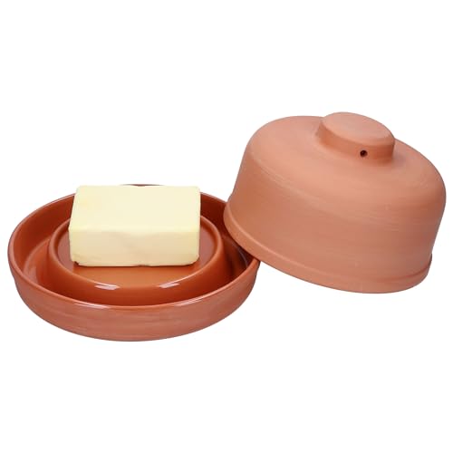 MamboCat Terra 2-delige botervloot met deksel van terracotta, ronde kleidoos voor 1 stuk boter (250 g), mooi gevormde boterkoeler voor het bewaren van boter en margarine, boterbel