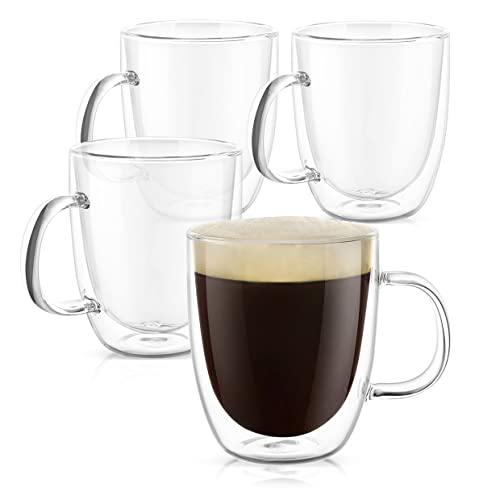 PunPun Grote koffiekopjes set van 4, glazen mokken voor warme dranken en ijskoffie, dubbelwandige glazen koffiemokken