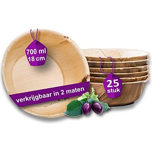 Waipur Bio Palmblad Schaal – 25x Grote Ronde Schaal Ø 18cm / 700 ml Composteerbaar Eersteklas Wegwerpservies Wegwerp Soepkommen Palmblad Soepkom