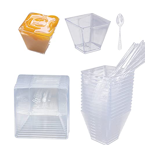 Yisscen 50 stuks dessertbekers met lepels, 160 ml dessertkommen, doe-het-zelf plastic dessertbekers, herbruikbare trapeziumbekers voor thuis, desserts, picknick, feest, vaatwasser