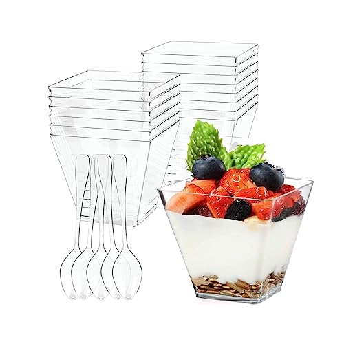 Kaqisen 50 stuks dessertglazen, plastic, 160 ml, dessertbekers met lepels, plastic dessertbeker, vierkante dessertkommen, plastic voor mousse, pudding, doe-het-zelf desserts, bruiloften, feesten