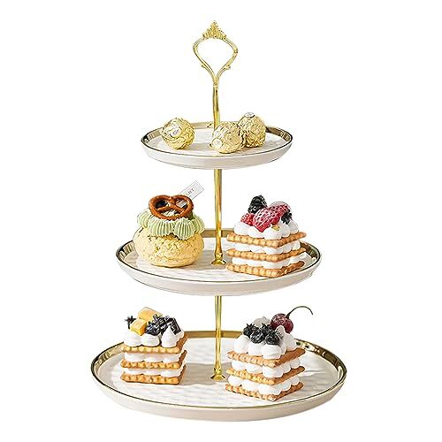 Petsoigné Cupcake-standaard, keramiek, taartstandaard met 3-laags ingelegde gouden dieren, tafels, fruitborden voor salontafel, decoratie, cupcake en borden, dessert, standaard (wit)