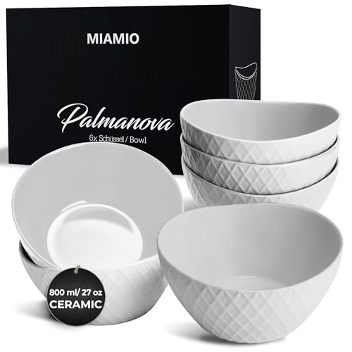 MIAMIO 6 x 800 ml Kommen set/Ontbijtkommen set Moderne matte kommen Set grote kommen Palmanova collectie (Wit)