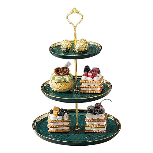 Petsoigné Cupcake-standaard, keramiek, taartstandaard met 3-laags ingelegde gouden dieren, tafels, fruitborden voor salontafel, decoratie, cupcake en borden, dessert, standaard (groen)
