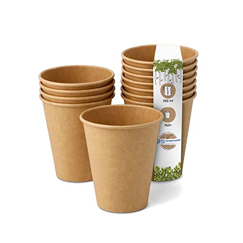 BIOZOYG Composteerbare biologische wegwerpbeker, wegwerpbeker, papieren beker, 250 stuks, koffie-to-go, bruin, ongebleekt, 250 ml