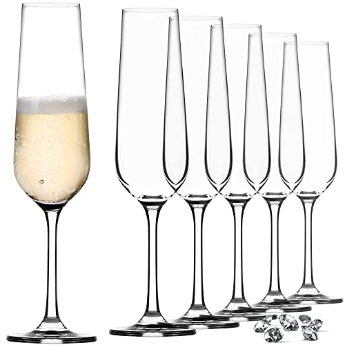 KADAX Champagneglazen, 6-delige set, 200 ml, champagnefluiten voor thuis, feest, bruiloft, moderne champagneglazen, comfortabele champagneglazen met hoge en smalle steel, transparant