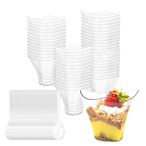 DUTIFUL 50 stuks dessertbekers met lepels, 100 ml mini dessertbeker dessertbeker, herbruikbare plastic dessertkopjes, DIY plastic dessertbekers voor mousse pudding ijs voedsel dessert party