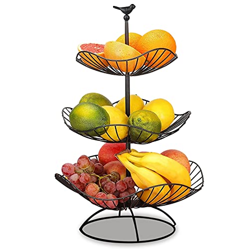 Fouvin Fruitetagère 3 verdiepingen fruitmand zwart fruitschaal voor meer ruimte op het werkblad houdt groenten en fruit vers metalen fruitstandaard met 3 opbergschalen grootte: 31cm 25cm 20cm