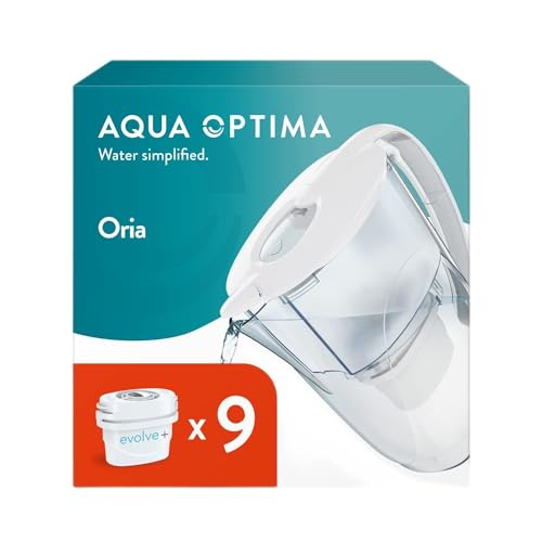 Aqua Optima PJ0611 Oria waterfilterkan & 9 x 30 dagen Evolve+ filterpatroon, inhoud 2,8 liter, voor vermindering van microplastic, chloor, kalkaanslag en onzuiverheden, wit