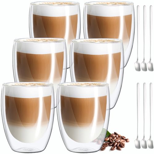 MULEVIP Latte macchiato glazen, dubbelwandig (6 x 350 ml) dubbelwandige glazen, dubbelwandige koffieglazen, thermoglazen, dubbelwandig, voor cappuccino, latte, ijs, Iced Americano, melk, sap, met