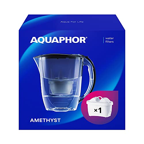 AQUAPHOR Waterfilterkan Amethyst Zwart 1 X MAXFOR+ Filter Inbegrepen I Capaciteit 2,8l I Past in de koelkastdeur I Vermindert Kalk Chloor & Microplastics