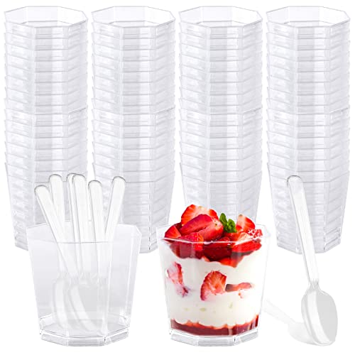 Vegena 80 stuks dessertglazen met lepels, plastic dessertbekers, 160 ml, doe-het-zelf dessertkommen, transparant, herbruikbaar, dessertkopjes, achthoekige dessertbekers voor mousse, pudding, ijs, buffetten,