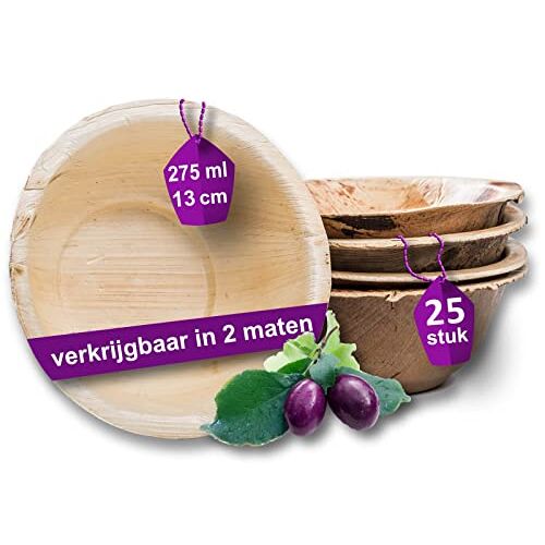 Waipur Bio Palmblad Schaal – 25x Ronde Schaal Ø 13cm / 275 ml Composteerbaar Eersteklas Wegwerp Servies Wegwerpsoepkommen Palmblad Soepkom