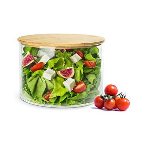 Sendez Saladeschaal met houten deksel, 20 cm, glazen schaal, kom, glazen pot, slakom, snackschaal, schaaltje, fruitschaal