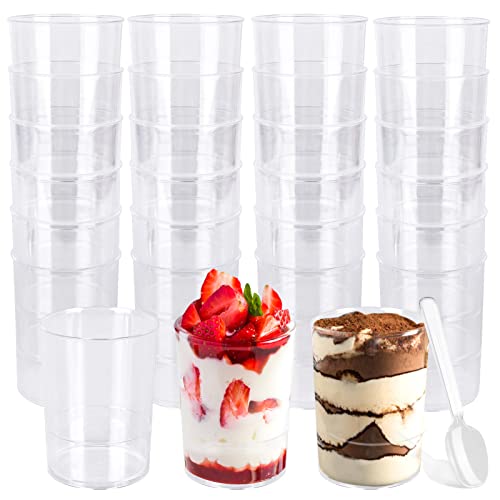 Nizirioo Plastic dessertbekers van 100 ml, plastic dessertbekers met lepels, ronde dessertkommen, plastic, mini-dessertbekers voor dessert, pudding, mousse, party