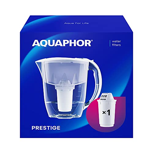 AQUAPHOR Waterfilter Prestige Wit 1 A5 Filter I Karaf voor 2,8 liter I Past in de koelkastdeur I Verlaagt Kalk & Chloor I Tafelwaterfilter I Handige filterkan