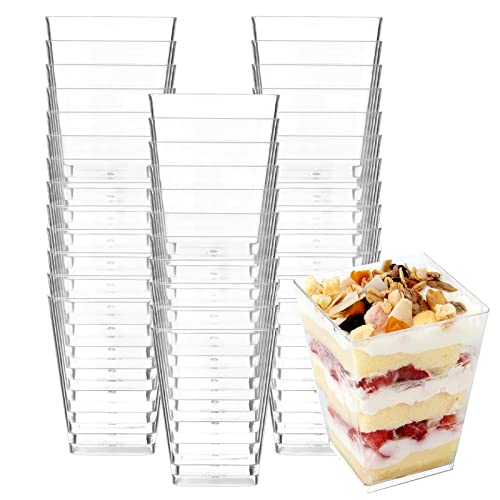 CYH 50 Stuks Mini Dessert Cups, 240ml Multi-use Dessert Schalen Bowls Vierkante Plastic Dessert Cups Duidelijk, Dessert Glazen Herbruikbare, voor Mousse Pudding Ijs Desserts