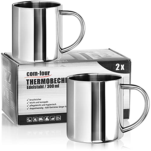 com-four ® 2x RVS thermobeker 300 ml per mok dubbelwandige isolerende mok onbreekbare koffiemok thermodrinkbeker campingbeker beker BPA-vrij (300ml)