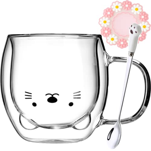 Arawat Cat Mug Glas Dubbelwandige Glazen Cat met Handvat Koffie Mok met Lepel & Onderlegger Koffie Mokken Drinken Glazen Cat Glazen Thee Kop Espresso Mokken Gift voor Kerstmis