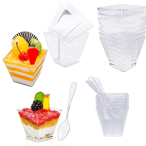 ZEACCT 50 stuks dessertbekers met lepels,DIY plastic dessertbekers,Stevig en herbruikbaar Dessertschaaltjes voor Mousse Pudding Tiramisu Partijen Verjaardagen Bruiloften, thuis, desserts, picknick