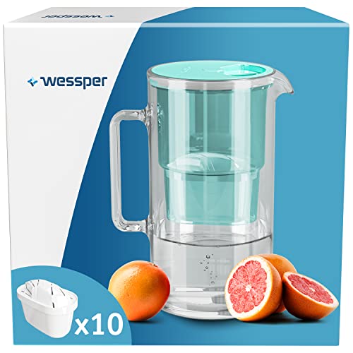Wessper 3-in-1 glazen karaf glas waterfilter karaf met filtersysteem, plus 10x kalkfilter waterfilterpatronen, mint