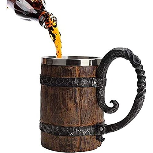 ZNZNANG Imitatievat van roestvrij staal, bierkruik, Viking, handgemaakte bierpul, carving bierpul vat retro kruik voor bar, restaurant, bierpul van houten vat 550 ml