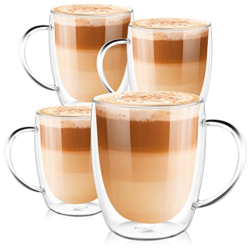 PunPun Koffiekopjes, doorzichtige koffiemokken, set van 4, glazen bekers voor latte, dubbelwandige glazen koffiemokken met groot handvat, glazen mokken voor ijskoffie of warme dranken, espressokopjes