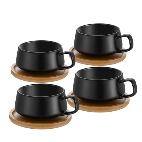 TELANKS Set van 4 cappuccinokopjes met schoteltjes, 300 ml koffiekopjes, espressokopjes van aardewerk voor thee, koffie, cappuccino, koffiekopjes met houten schijf, zwart