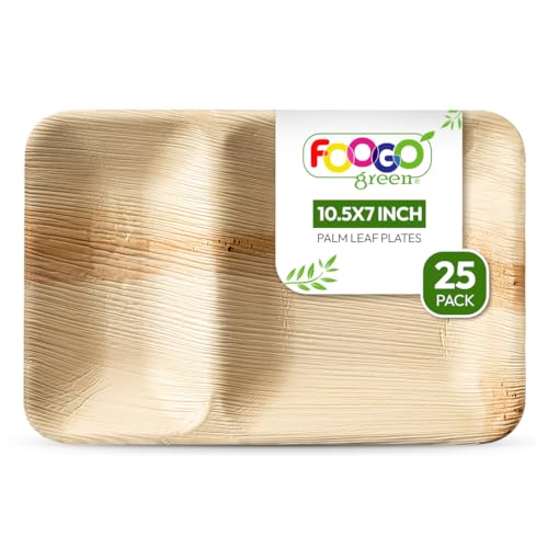 FOOGO Green 25 Wegwerp Palmblad Partitie Trays, Medium 10,5x7 inch (26x18cm), Starters Dessert Display Tray, Zoals Houten Platen Stevige Hot Food Trays, Eco-vriendelijke Biologisch Afbreekbare Voedsel