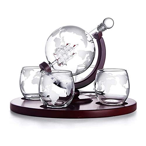 ANZHENGRQ Whisky Decanter Sets voor Mannen, Whisky Decanter Globe Set met 4 Geëtste Globe Whisky Glazen voor Drank, Scotch, Bourbon, Wodka Geschenken voor Papa 850Ml