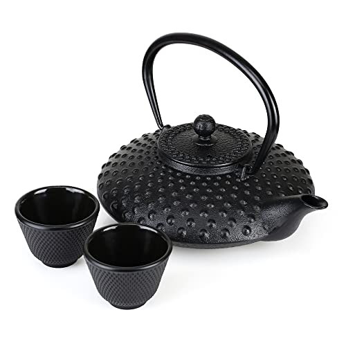 Vobeiy Theepot gietijzer Set,Japans Theepotten Tetsubin Teapot Cast Iron met roestvrijstalen Infuseren,Theepot ingebouwde Emaillering,onderzetter en 2 theekopjes,1000ML,Zwart