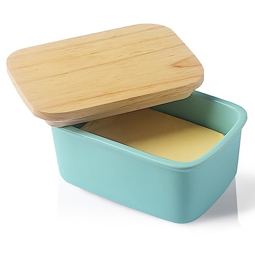 Sweejar Home Porseleinen botervloot met deksel, luchtdichte grote boterhouder met houten deksel, botercontainer perfect voor 2 boterstokjes boter west- of oostkustboter (turquoise)