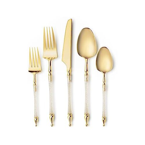 Decor Decorline Decorline 40 Stuks Herbruikbare Plastic Bestekset Wegwerpvorken Lepels Messen Chique Bestekset voor Diner Salade Soep Thee Stevig handvat Glitter Goud met Gouden Top