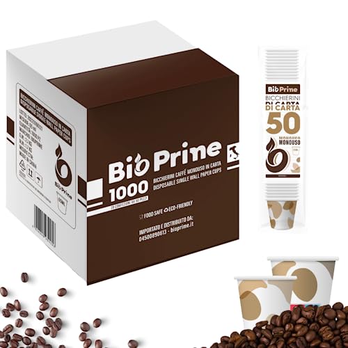 BioPrime Wegwerpkoffiemokken, 1000 stuks, 65 ml, in verpakkingen met 50 biologisch afbreekbare papieren koffiemokken, milieuvriendelijk, wegwerpkoffiekopjes (1000 stuks)