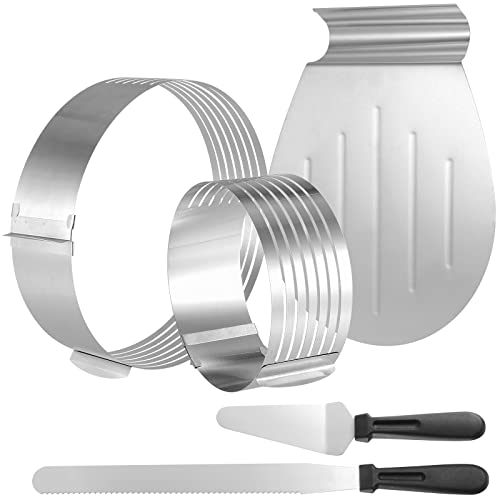 ZEONHEI 5 stuks taartbodemsnijhulp, 2 taartsnijders ronde set met 1 banketmes, 1 taartschep van roestvrij staal en 1 taartschep, 15-20 cm/25-30 cm, verstelbare taartring, snijden van 7 vloeren