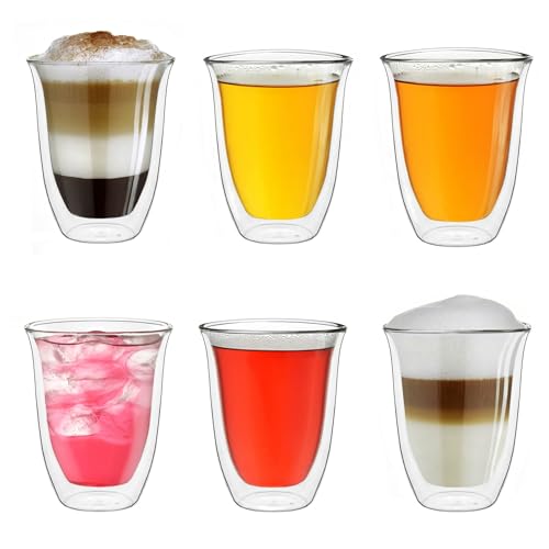 Creano DG-V Dubbelwandige glazen, 250 ml, set van 6, groot thermoglas, dubbelwandig, van borosilicaatglas, koffieglazen, theeglazen, latte glazen, dubbelwandige glazen