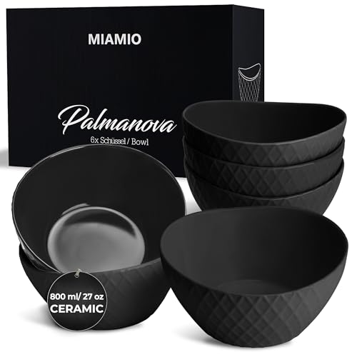 MIAMIO 6 x 800 ml Kommen set/Ontbijtkommen set Moderne matte kommen Set grote kommen Palmanova collectie (Zwart)