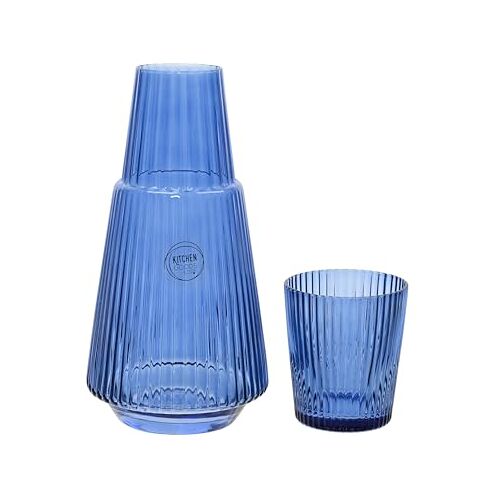 Decoris Wijnkaraf, waterkaraf met drinkglas, 1 liter, blauw, karaf voor wijn, sapkaraf met groeven, glazen karaf met glas, karaf water, sap, limonade, waterkan, waterkan, tafeldecoratie