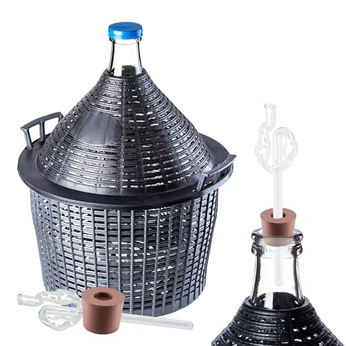 KADAX Glazen ballonset, fermentatieballon met kunststof mand en fermentatieaccessoires, rubberen stop, fermentatiebuisje, smalle opening, wijnballon, fles, glazen fles (54 l, glazen fermentatiebuisje)