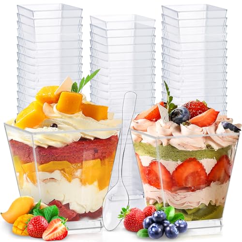 Frasheng 60 stuks dessertglazen met 60 lepels, 2oz/60ml, dessertbekers, dessertkomset, dessertkommen helder herbruikbaar, vierkante dessertbeker voor mousse, pudding, ijs, verjaardag