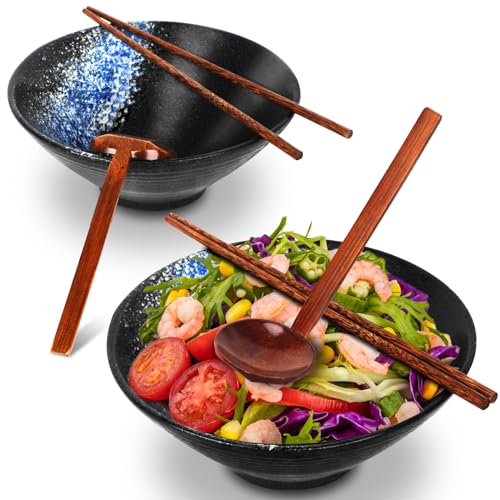 Sosayet Ramen Keramische kom, 2 sets (6 stuks) Ramen Bowl met lepel en eetstokjes, antislip Japanse kom servies voor ramen, salade, muesli, 1000 ml, 20 x 20 x 8 cm