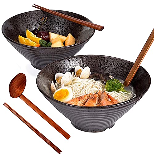 Noble Createaprototype Keramische Ramen kom, 2 sets (6 stuks) slakommen, grote vintage noedels kom 1000 ml, (met eetstokjes en een lepel) voor noedels, udon, pho, pasta, soep en salade